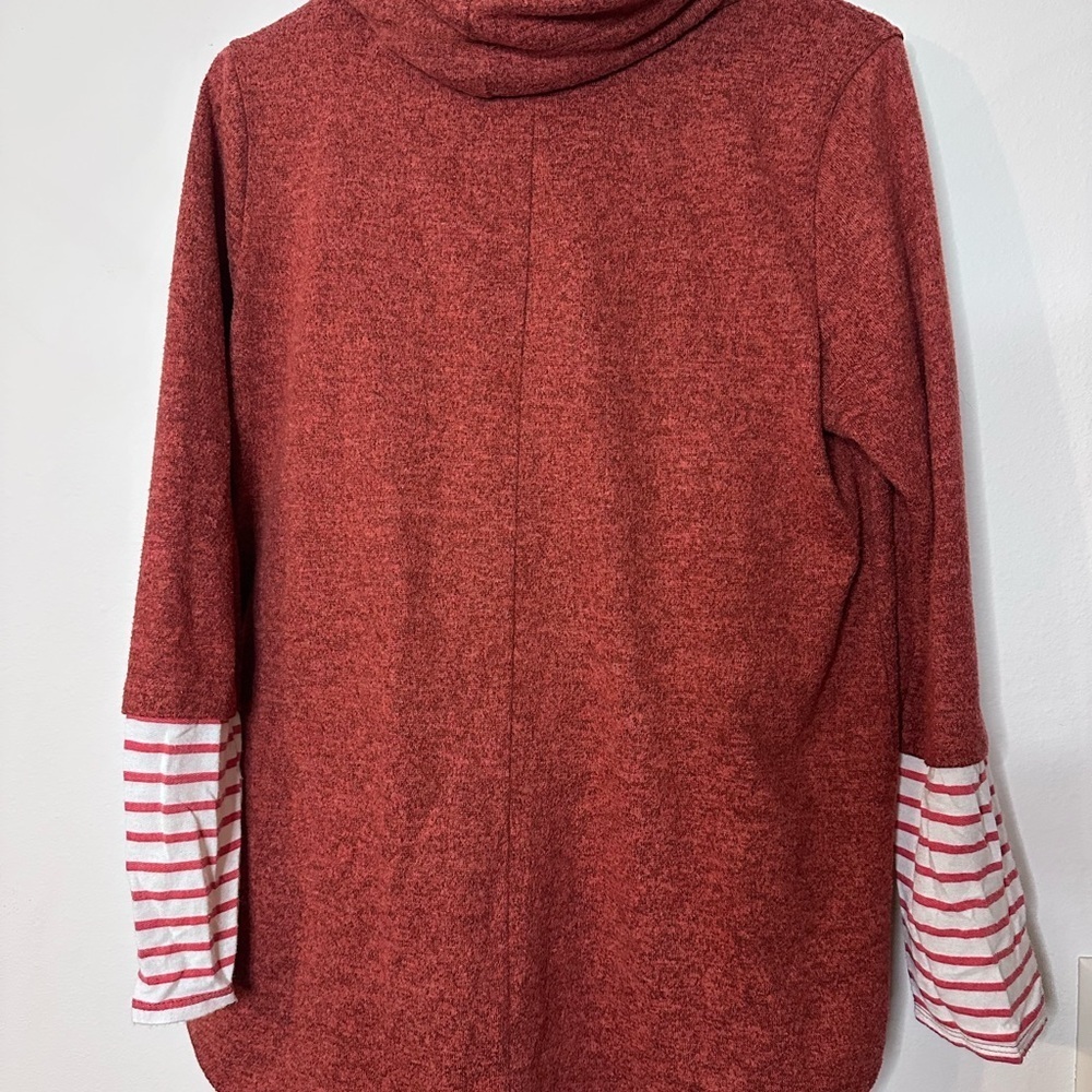 My Story Red Cowl Neck Sweater with Striped Sleeves - Picture 2 of 3